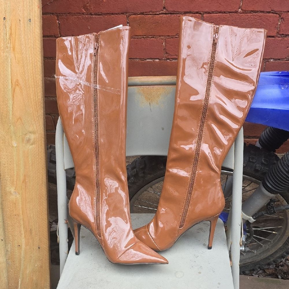 Brown Patent Leather Knee-High Boots
